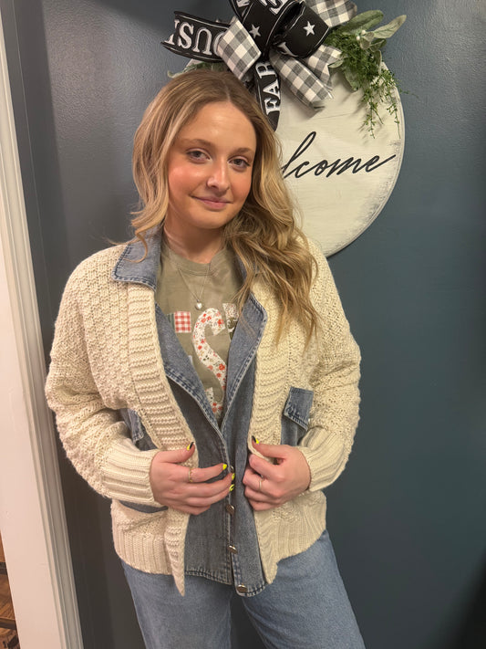 Denim and White Cable Knit Trim Jacket