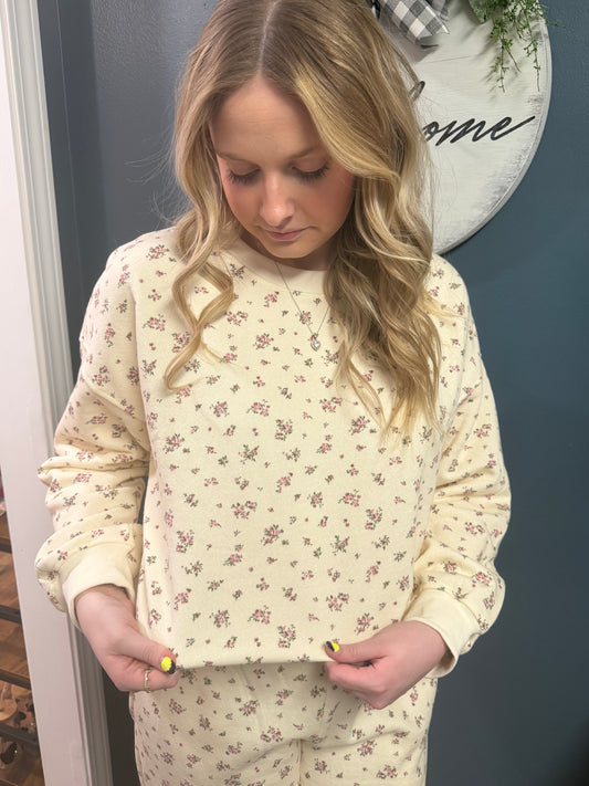 Floral Print Knit Crew Neck Long Sleeve Top