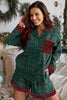 Green Plaid Contrast Patched Christmas Holiday Long Sleeve Shirt and Short 2pcs Pajama Set