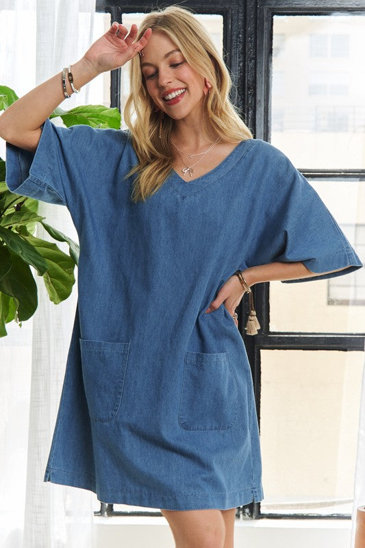 adora mini dress ADORA V-Neck Half Sleeve Mini Denim Dress Peacock Blue / L