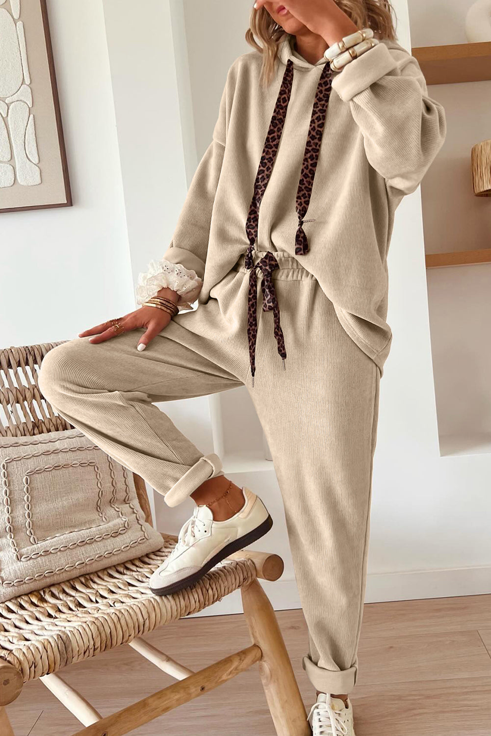 Rose Tan Lace Drawstring Pullover Hoodie and High Waist Pants Corduroy Suit