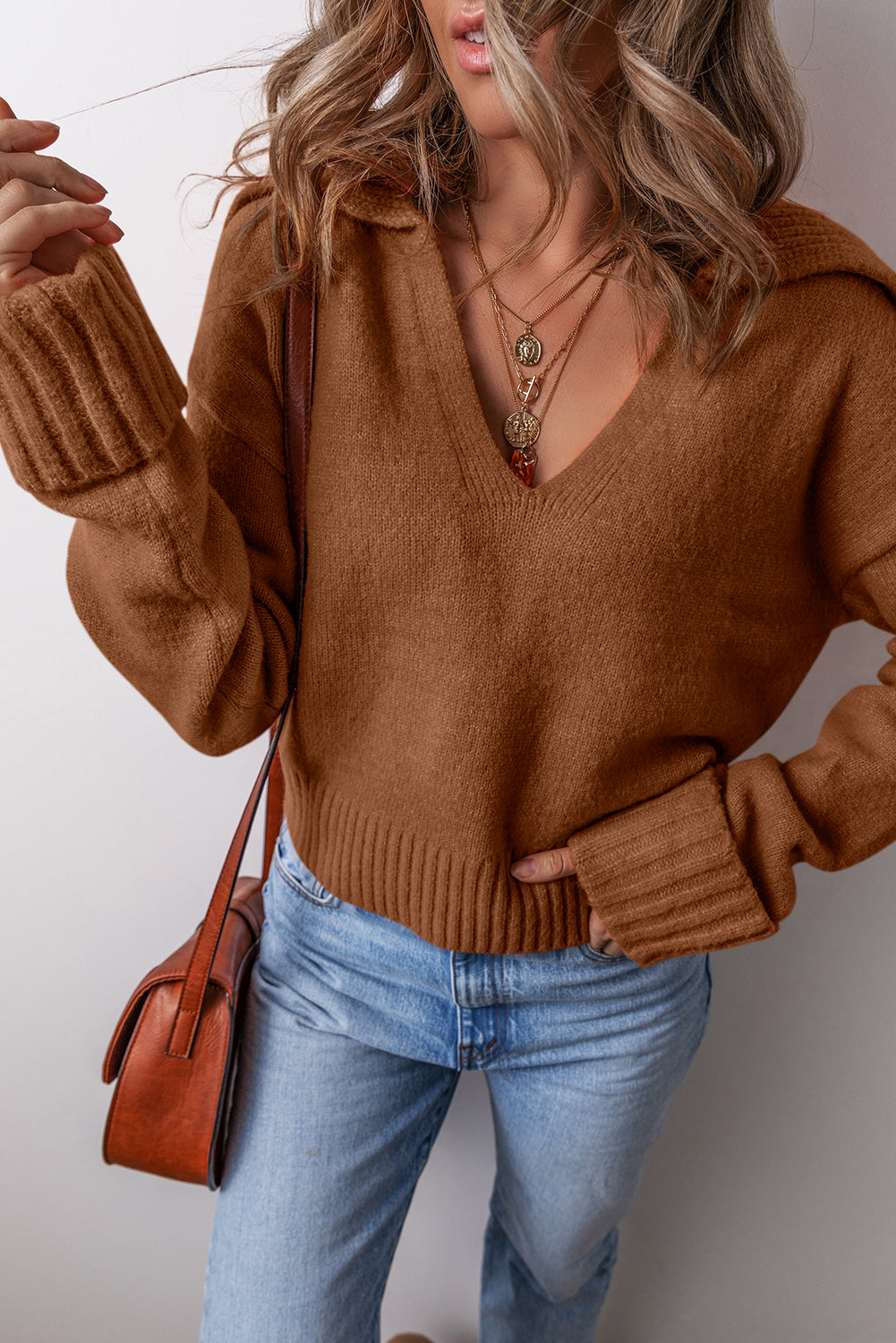 Chestnut Collared V Neck Ribbed Edge Sweater