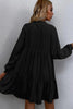 Black Tie Split Neck Smocked Detail Long Puff Sleeve Ruffle Hem Loose Dress