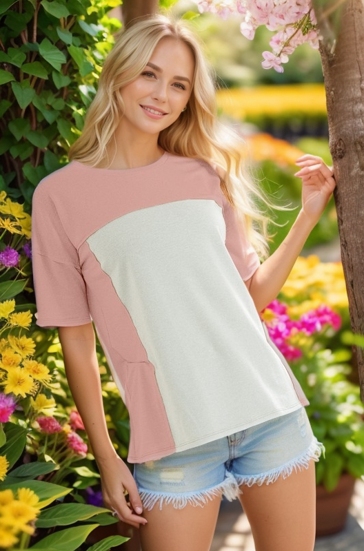 HEIMISH SHORT SLEEVE ROUND NECK SOLID CONTRAST TOP