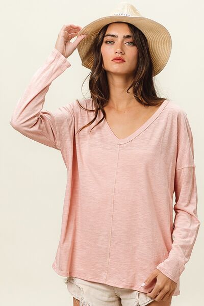 BiBi Exposed Seam V-Neck Long Sleeve T-Shirt - Grace Ann Faith Boutique - Official Online Boutique