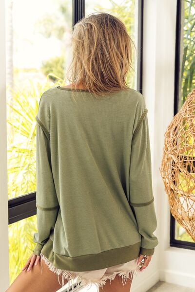 BiBi Waffle Knit Contrast Trim Long Sleeve T-Shirt - Grace Ann Faith Boutique - Official Online Boutique