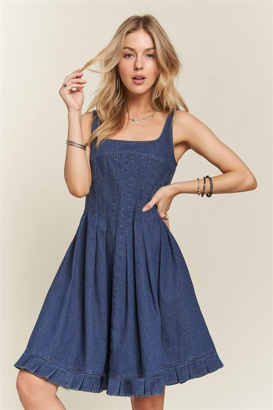 ADORA Smocked Back Square Neck Denim Dress