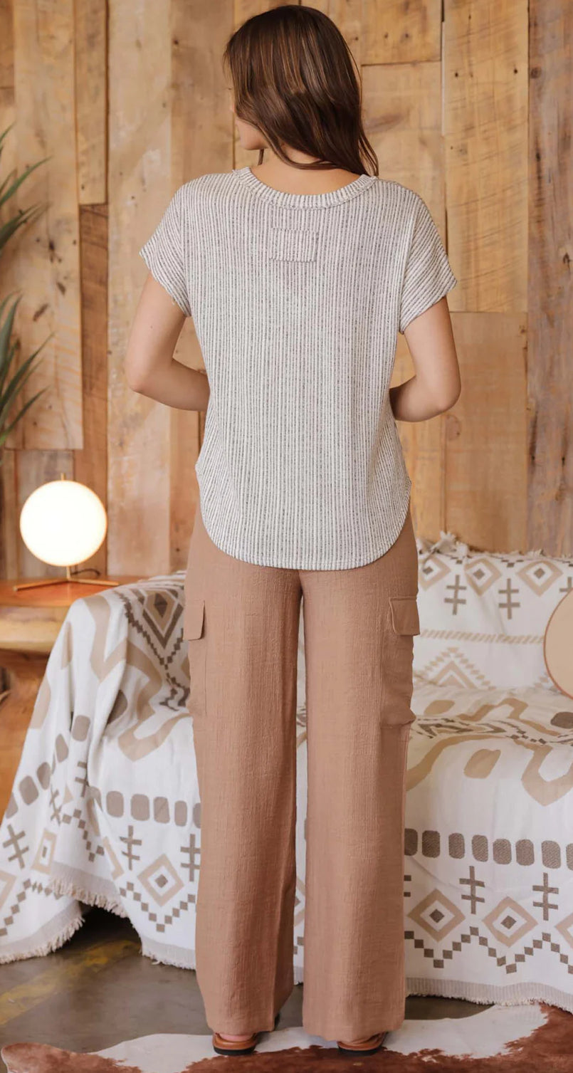 Tan Wide Leg Drawstring Cargo Pants