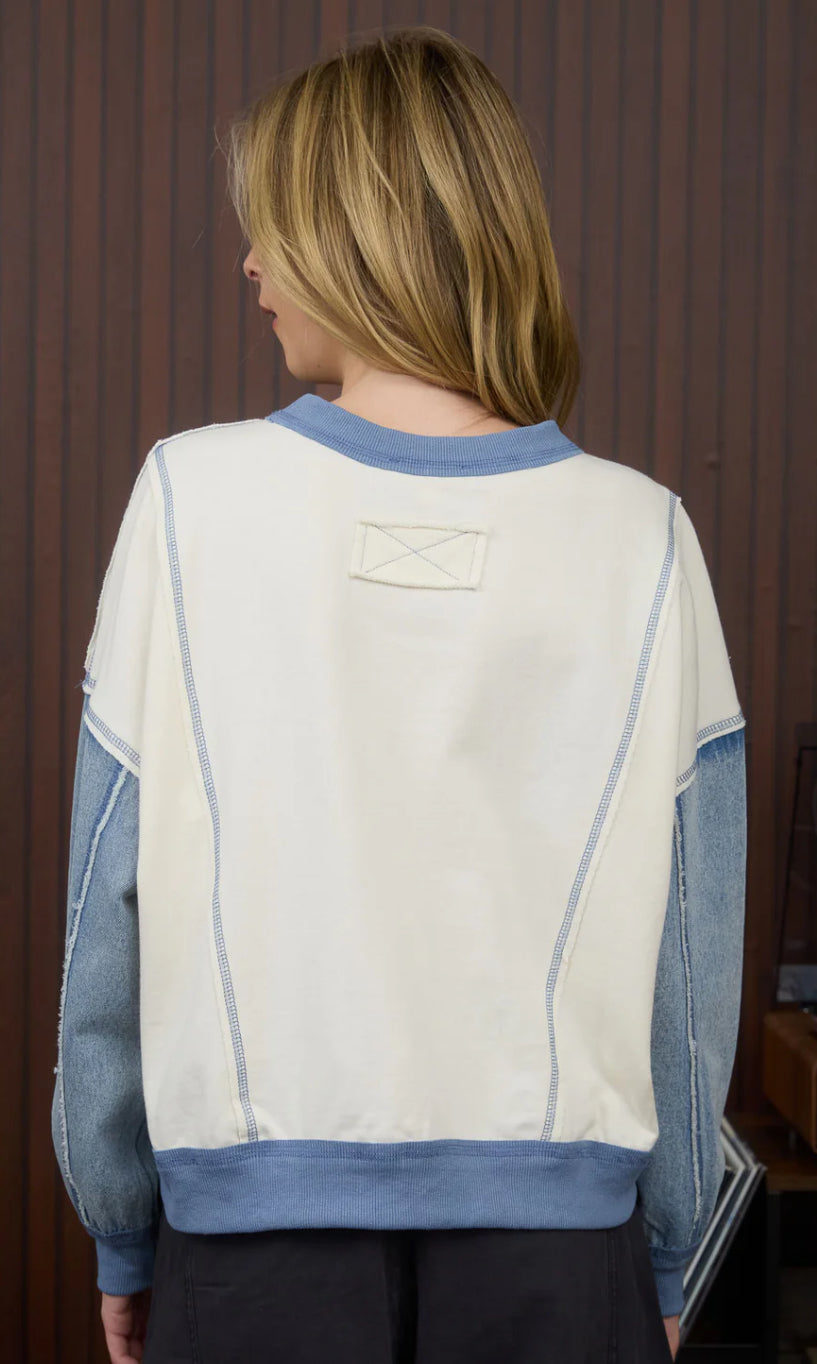 Cream and Denim Long Sleeve Knit Top