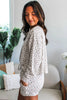 White Spiral Ribbed Floral Print Long Sleeve Henley Top Drawstring Short Set