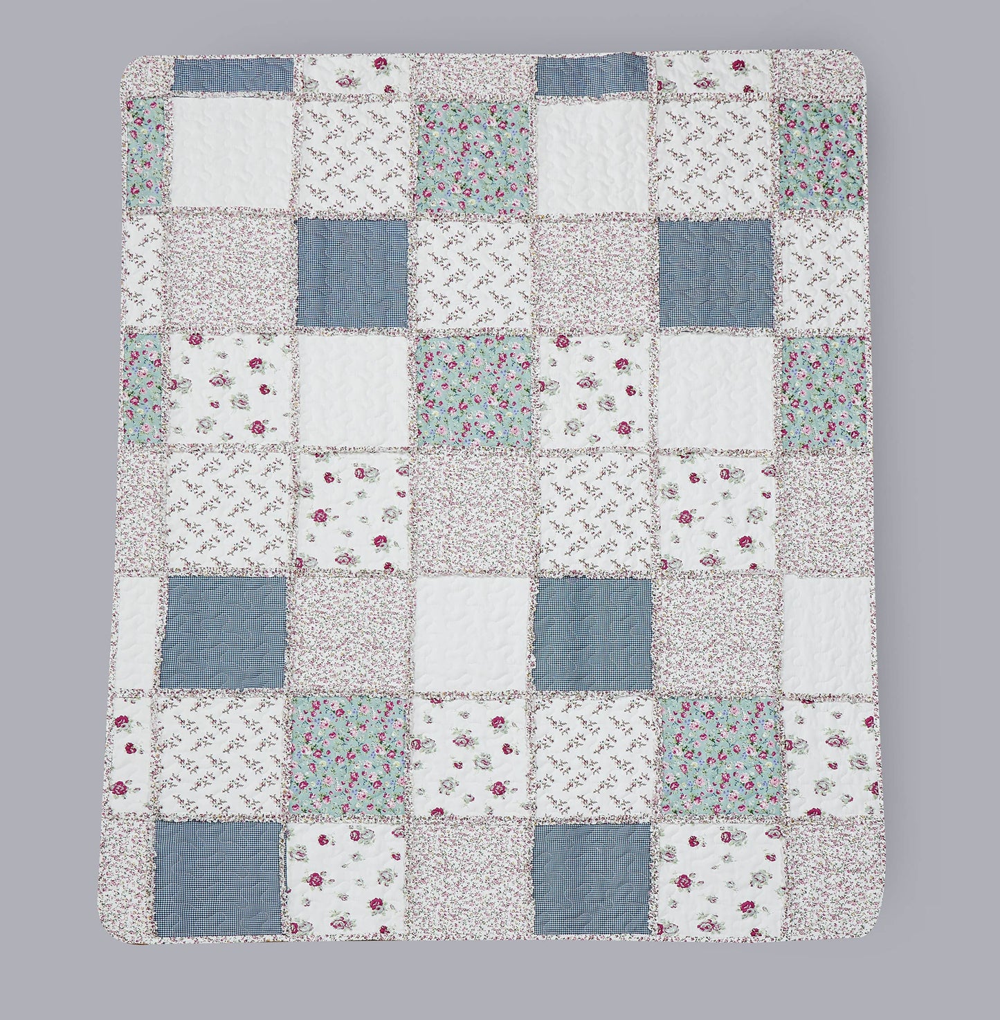 “Blue with Roses Patchwork"  Quilted Throw Blanket 50"x60"