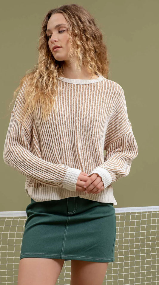 Khaki Striped Crewneck Sweater