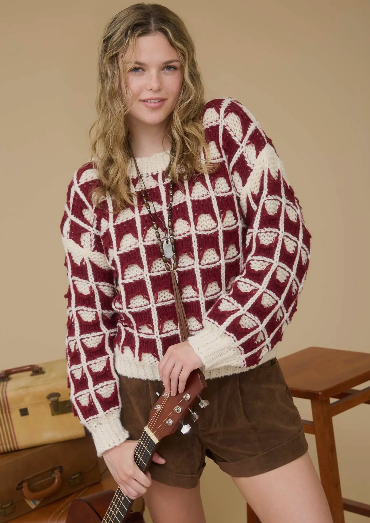 Burgundy Contrast Square Knit Sweater