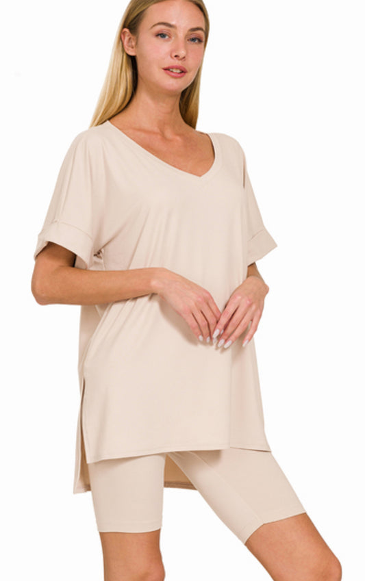 Zenana Sand Beige V-neck Top And Biker Short Set