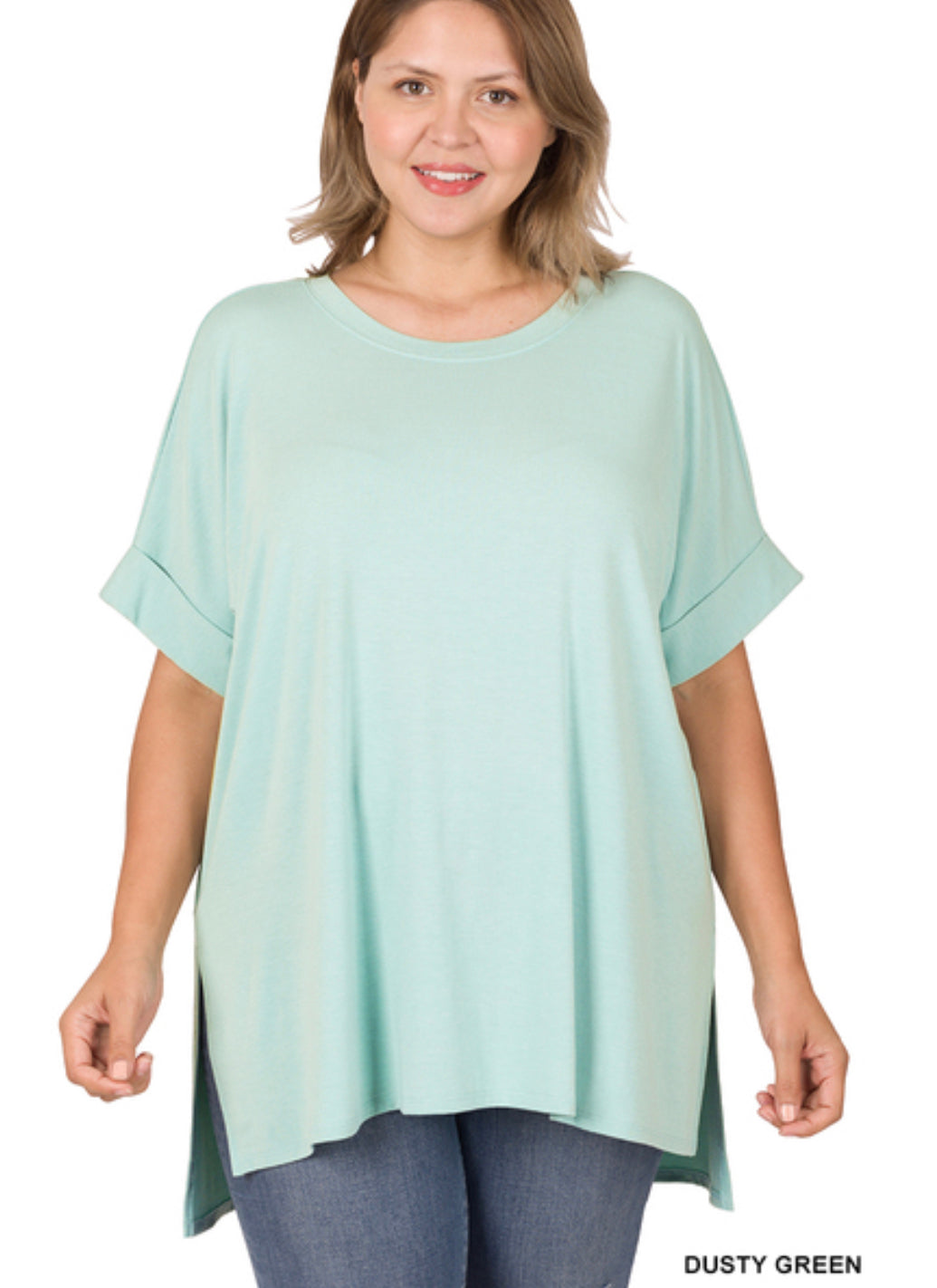 Dusty Green Rolled Sleeve Side Slit High Low Shirt