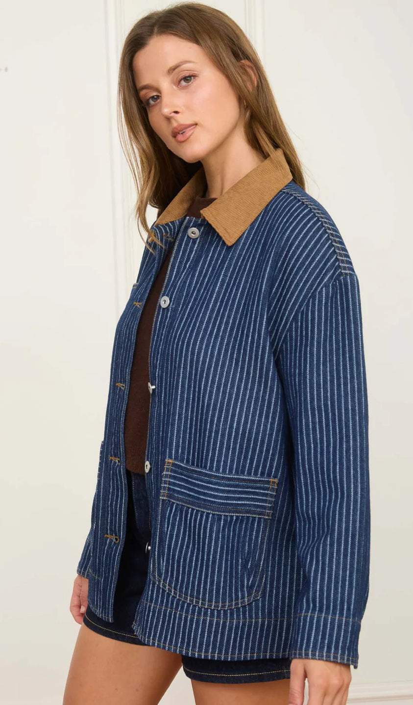 Stripe Denim Jacket With Corduroy Collar