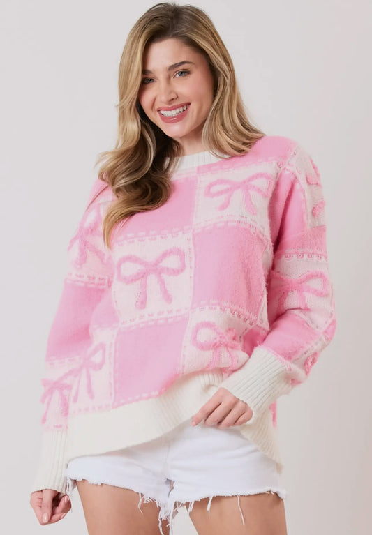 White and Pink Bow Sweater