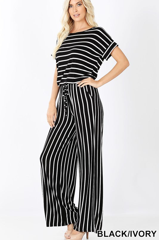 STRIPE JUMPSUIT ELASTIC WAIST BACK KEYHOLE - Grace Ann Faith Boutique - Official Online Boutique 