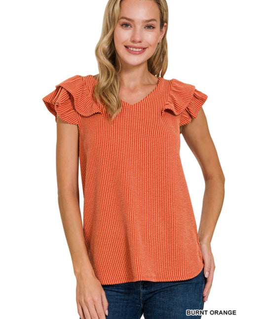 Burnt Orange Ribbed Striped Tiered Ruffle Sleeve Top