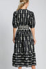 Umgee Bow Tie Print Notched Contrast Velvet Trim Midi Dress