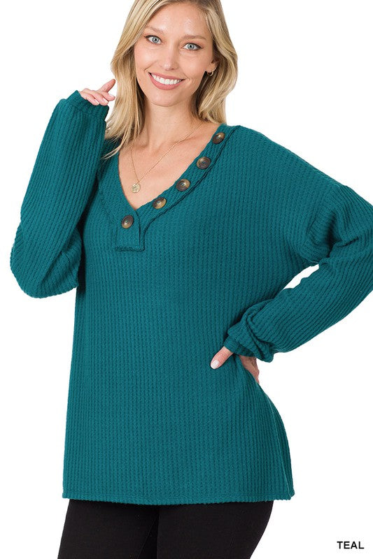 Brushed Thermal Waffle Button Detail Sweater - Grace Ann Faith Boutique - Official Online Boutique 
