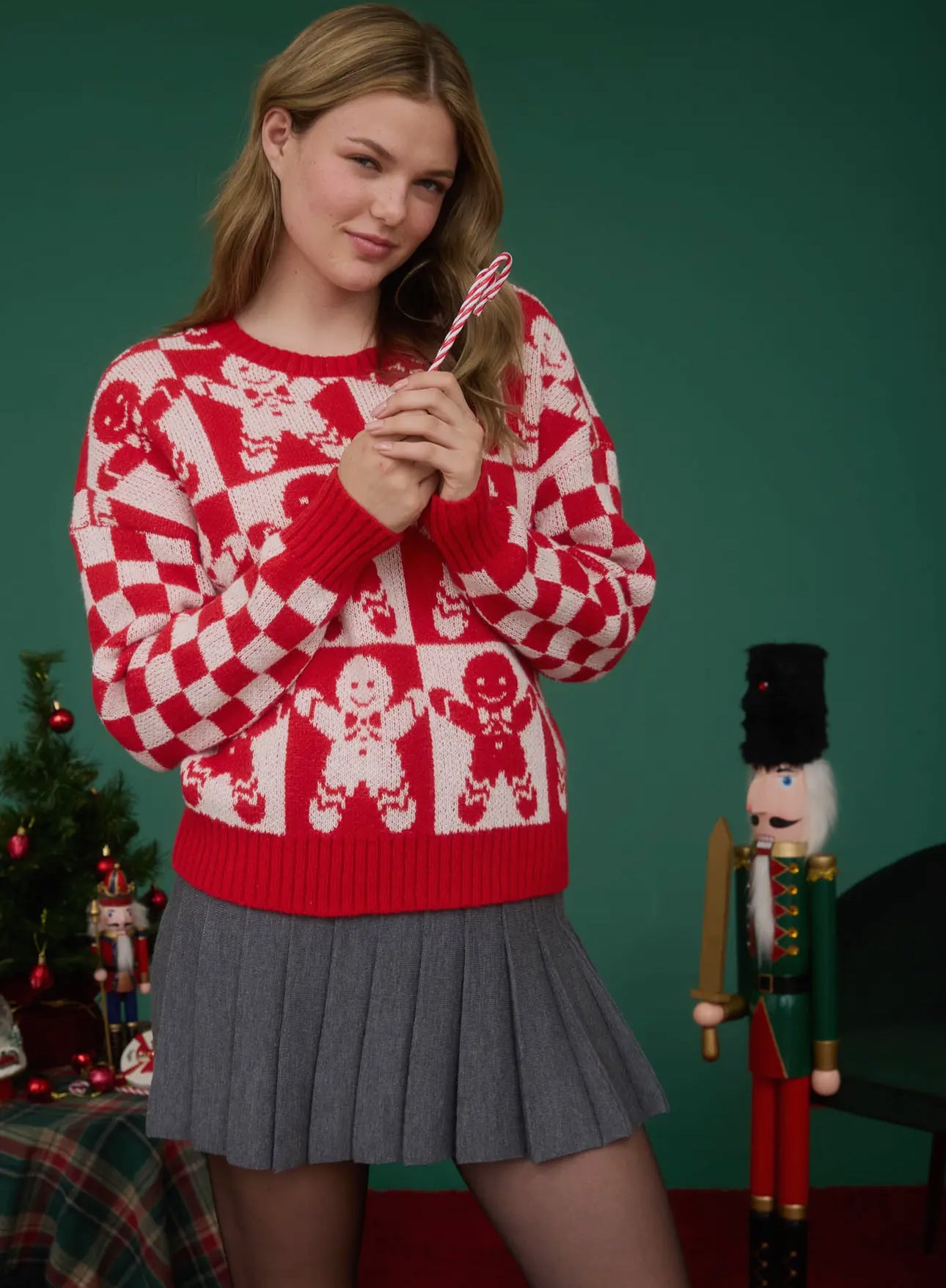 Red Checkered Gingerbread Knit Sweater