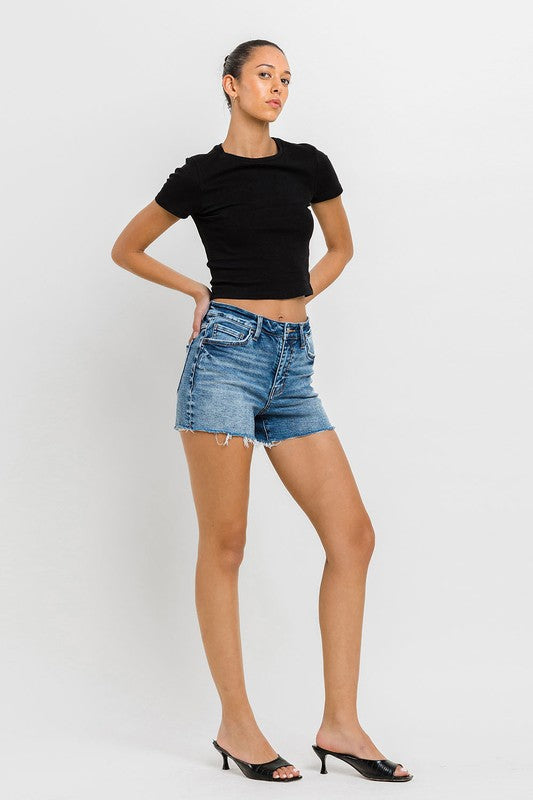 High Rise Raw Hem Denim Shorts