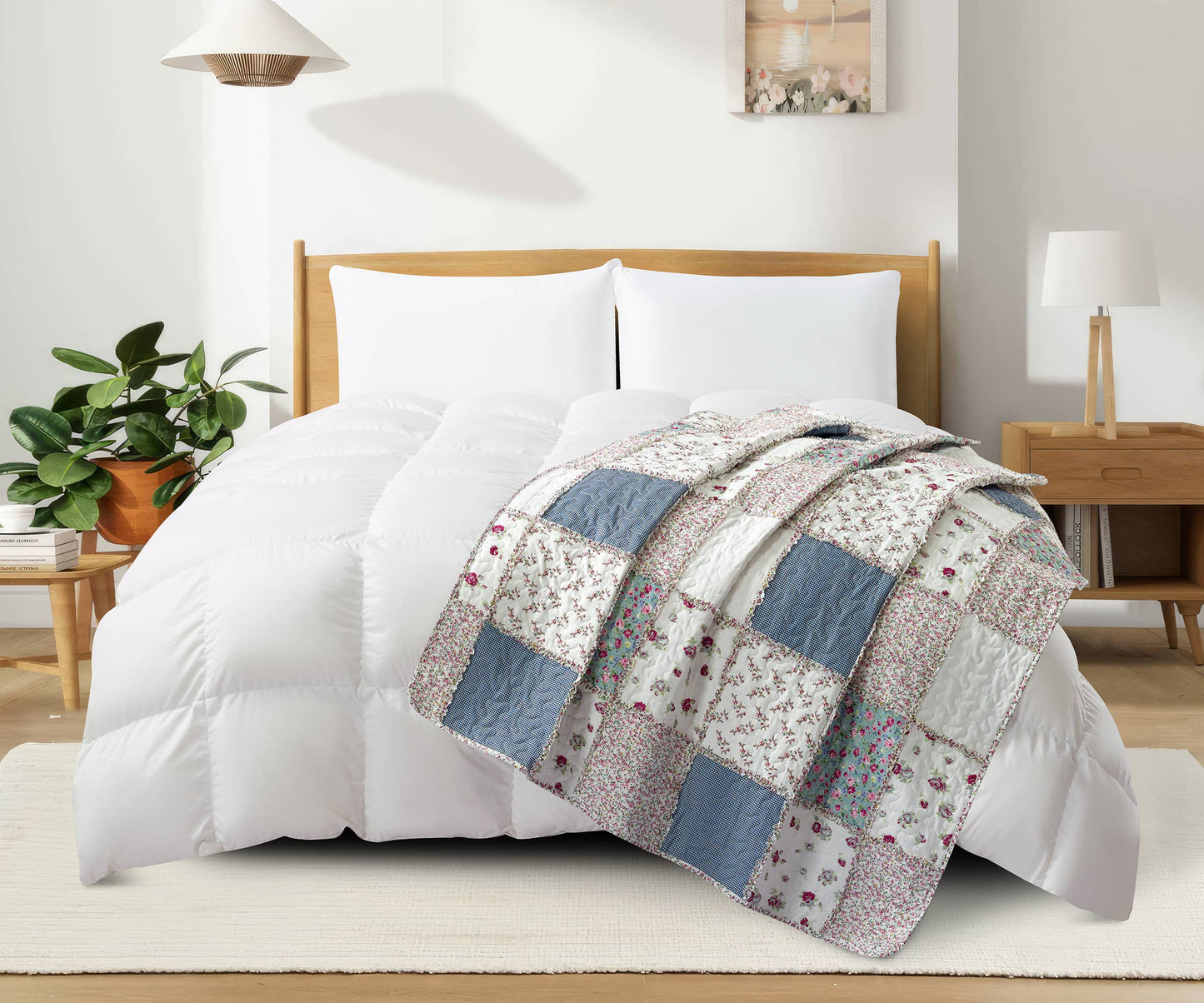 “Blue with Roses Patchwork"  Quilted Throw Blanket 50"x60"