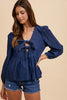 Annie Wear Tie Front Peplum Long Sleeve Denim Top