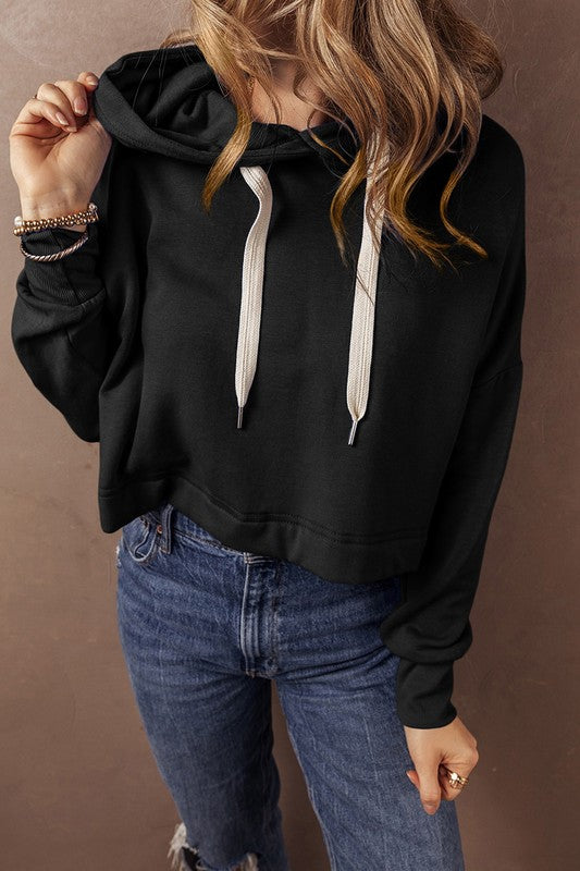 Women Drop Shoulder Drawstring Cropped Hoodie