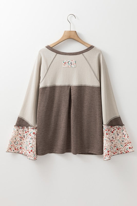 Women Patchwork Flared Sleeve Buttons Sweatshirts