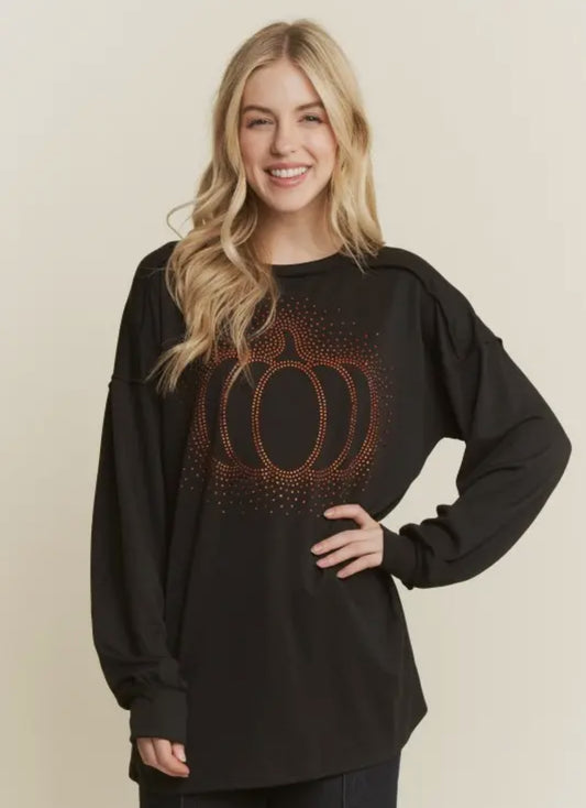 Heimish Halloween Rhinestone Pumpkin Long Sleeve Top