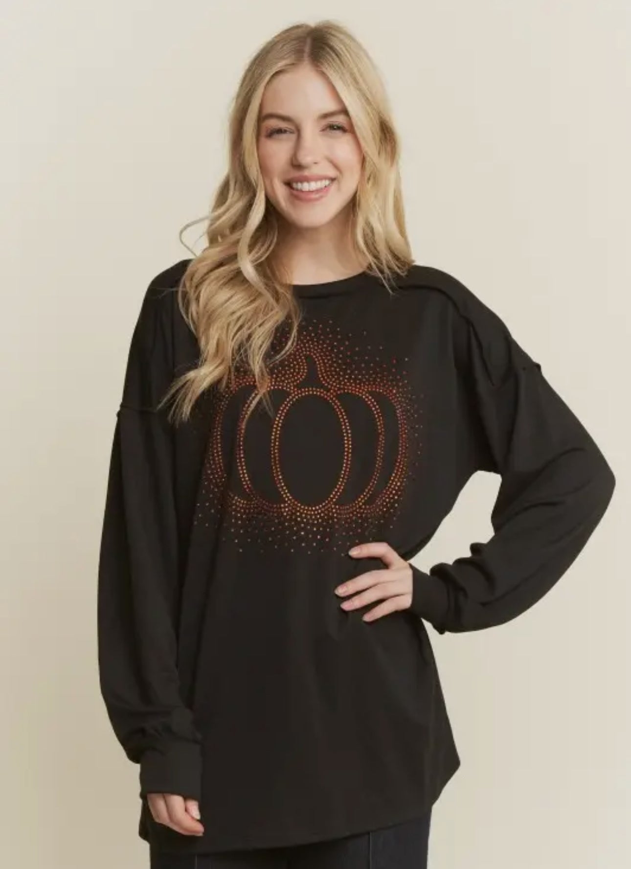 Heimish Halloween Rhinestone Pumpkin Long Sleeve Top