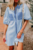 Sky Blue Stripe Color Block Patchwork Shirt Collar Button Down Puff Sleeve Mini Dress