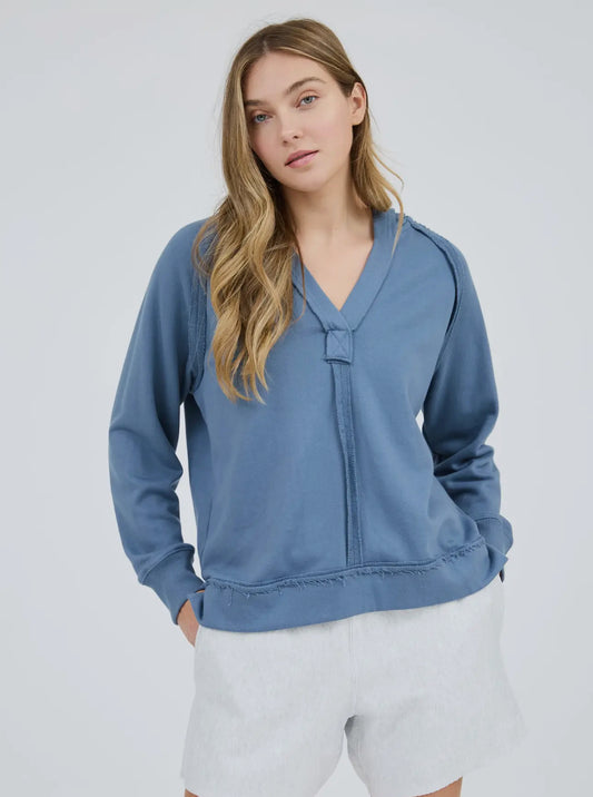 Dusty Blue Raw Edge Hooded Long Sleeve Top