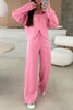 Pink Solid Color Zip Up Hoodie Drawstring Loose Pants Set