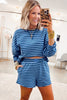 Blue Stripe Drop Shoulder Long Sleeve Pullover Elastic Waist Casual Short Set