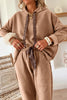 Rose Tan Lace Drawstring Pullover Hoodie and High Waist Pants Corduroy Suit
