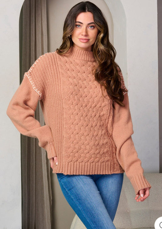 Peach Mock Neck Trim Sweater