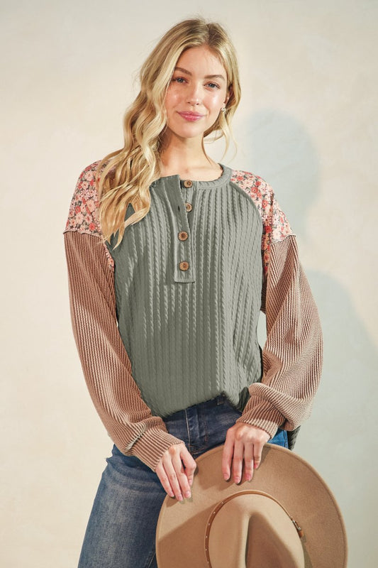 Heimish Olive Solid and Floral Contrast Long Sleeve Top