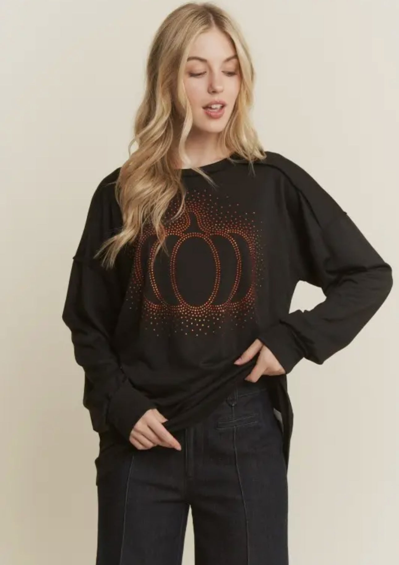 Heimish Halloween Rhinestone Pumpkin Long Sleeve Top