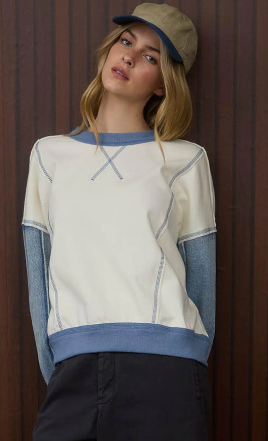 Cream and Denim Long Sleeve Knit Top