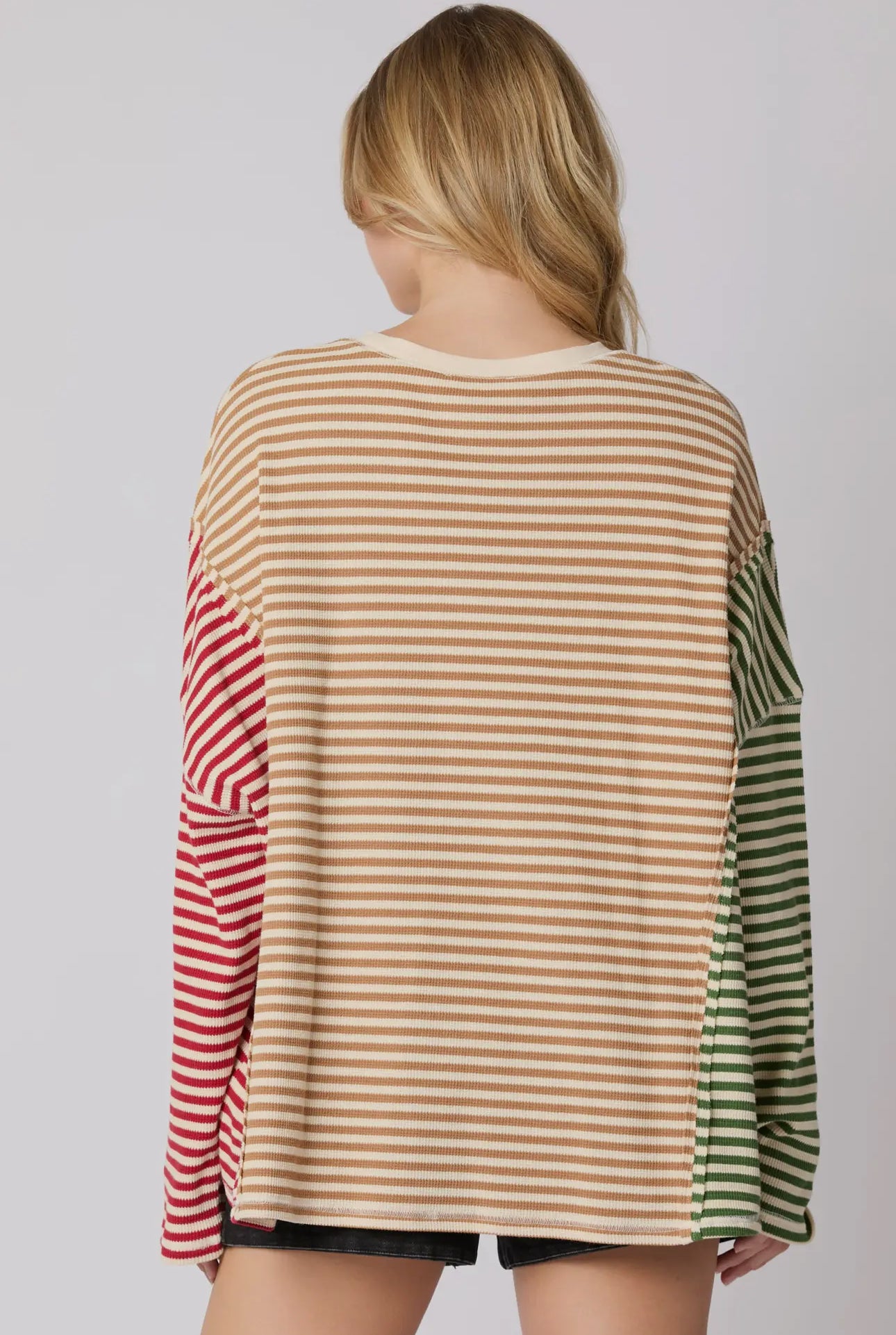 Hunter Green/Taupe/Red Stripe Oversized Long Sleeve Top