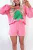 Sachet Pink Plaid Contrasted Double Christmas Tree Patched Raglan Sleeve Pullover 2pcs Short Set