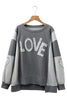 Dark Grey LOVE Graphic Exposed Seam Patchwork Uneven Hem Chic Sweatshirt