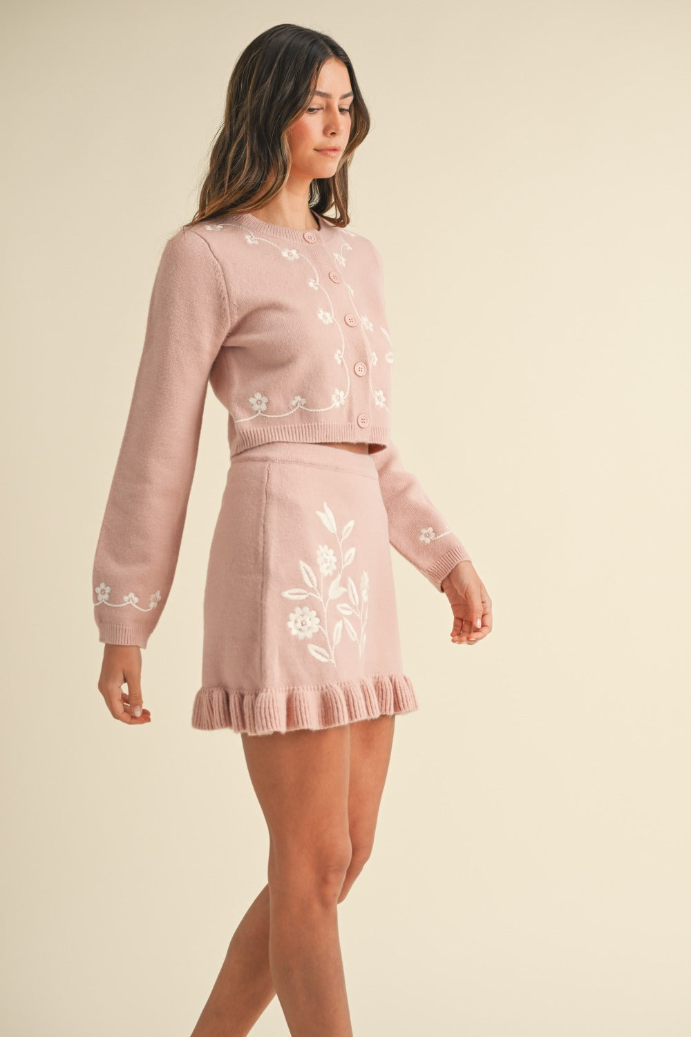 MABLE Floral Embroidered Crop Cardigan and Ruffled Mini Skirt Set