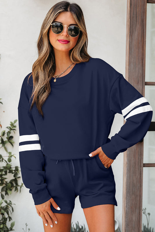 Navy Blue Varsity Striped Sleeve Drop Shoulder Sweatshirt and Short Set