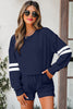 Navy Blue Varsity Striped Sleeve Drop Shoulder Sweatshirt and Short Set
