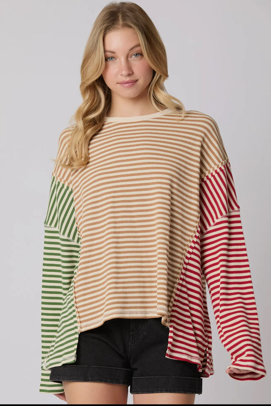 Hunter Green/Taupe/Red Stripe Oversized Long Sleeve Top