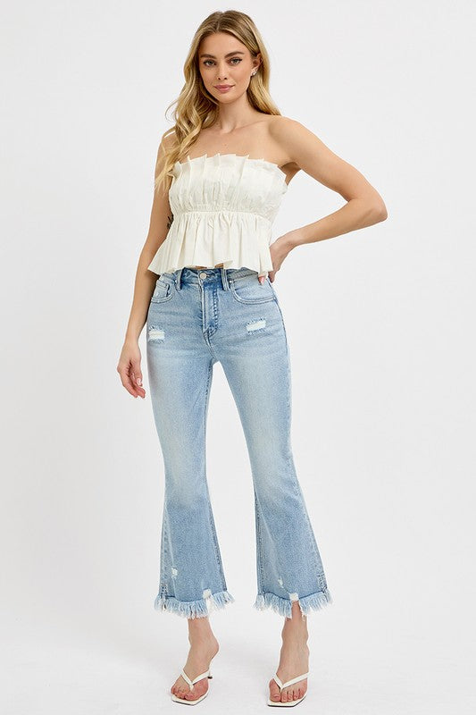 RISEN Full Size Raw Hem Distressed Cropped Flare Jeans Plus Size